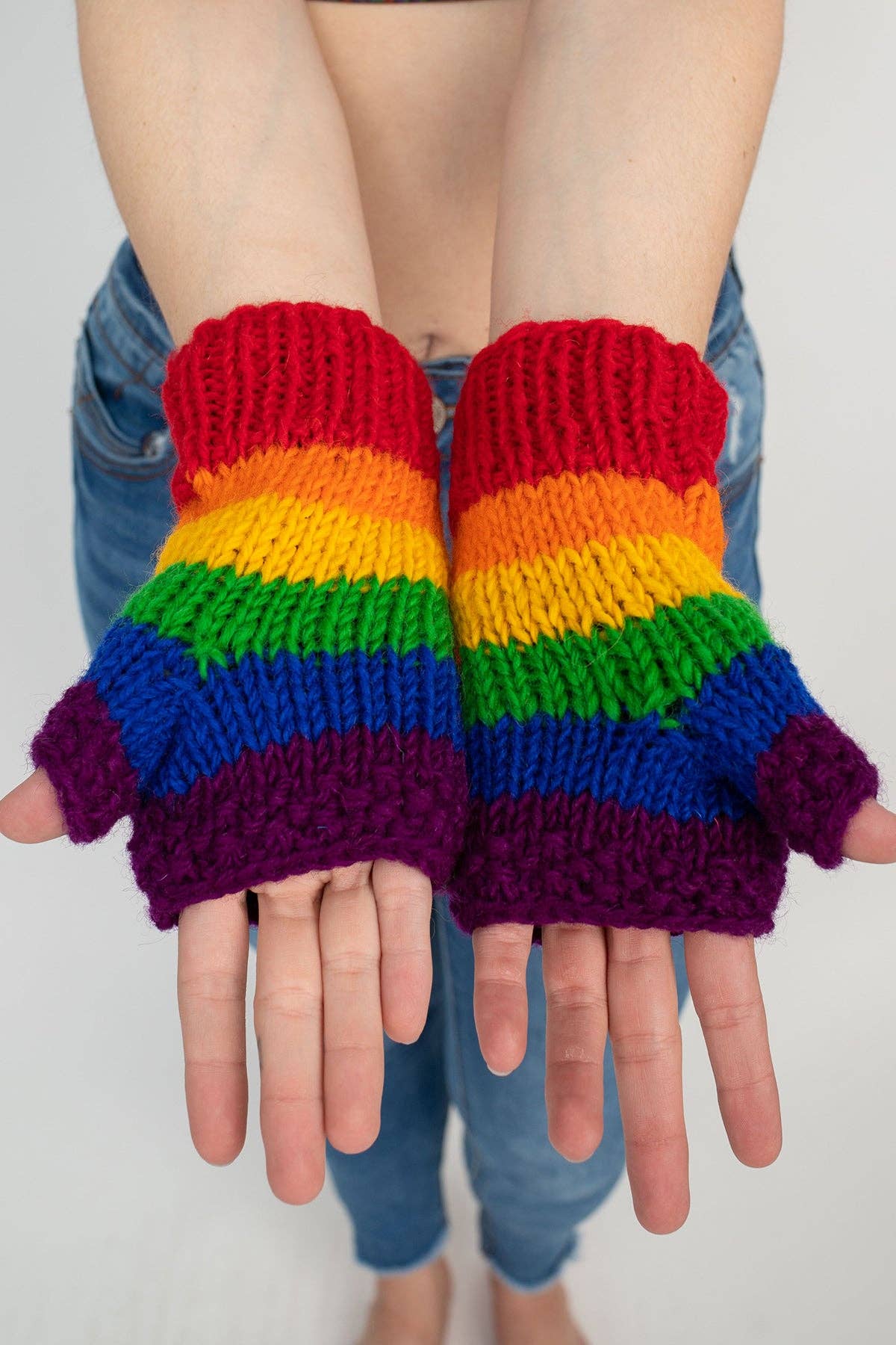 Multi Colored Striped Fingerless Gloves: Rainbow